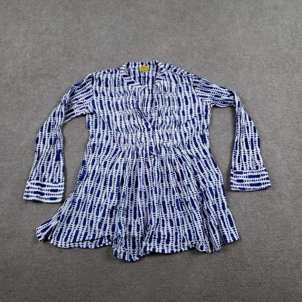 Roberta Roller Rabbit Tunic Women XS Blue Geometric V-Neck Bell Sleeve Cotton